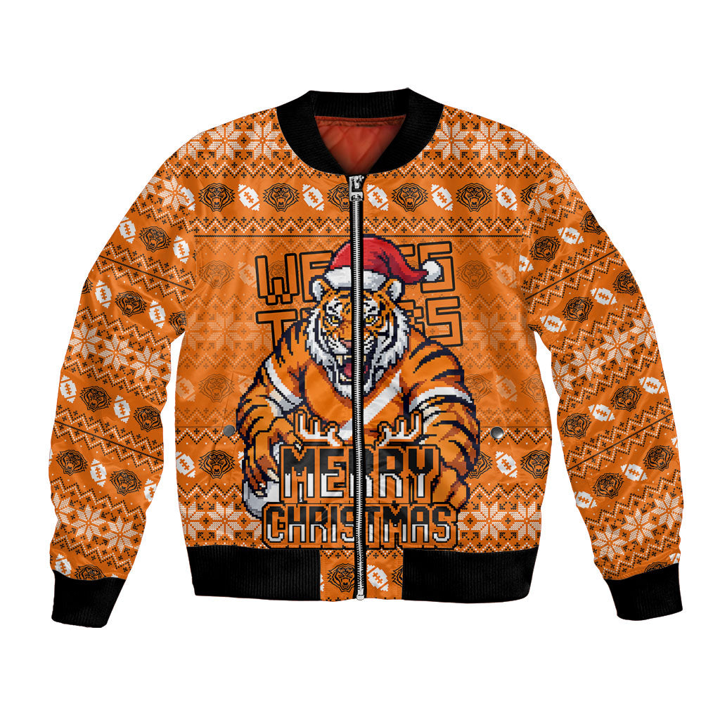 Personalized Wests Tigers Christmas Bomber Jacket Australian Rugby Fans - Pixelated Ugly Xmas Pattern Mascot Santa