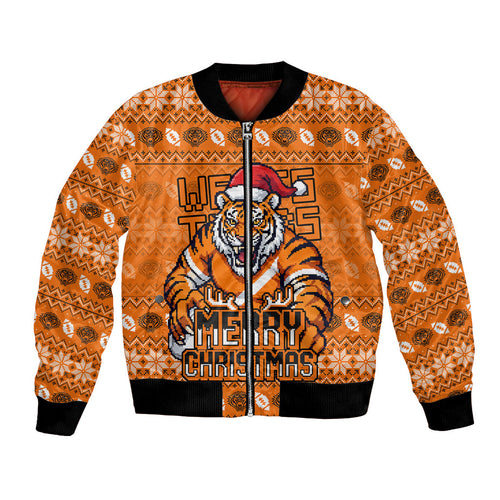 Personalized Wests Tigers Christmas Bomber Jacket Australian Rugby Fans - Pixelated Ugly Xmas Pattern Mascot Santa