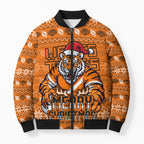 Personalized Wests Tigers Christmas Bomber Puffer Jacket Australian Rugby Fans - Pixelated Ugly Xmas Pattern Mascot Santa