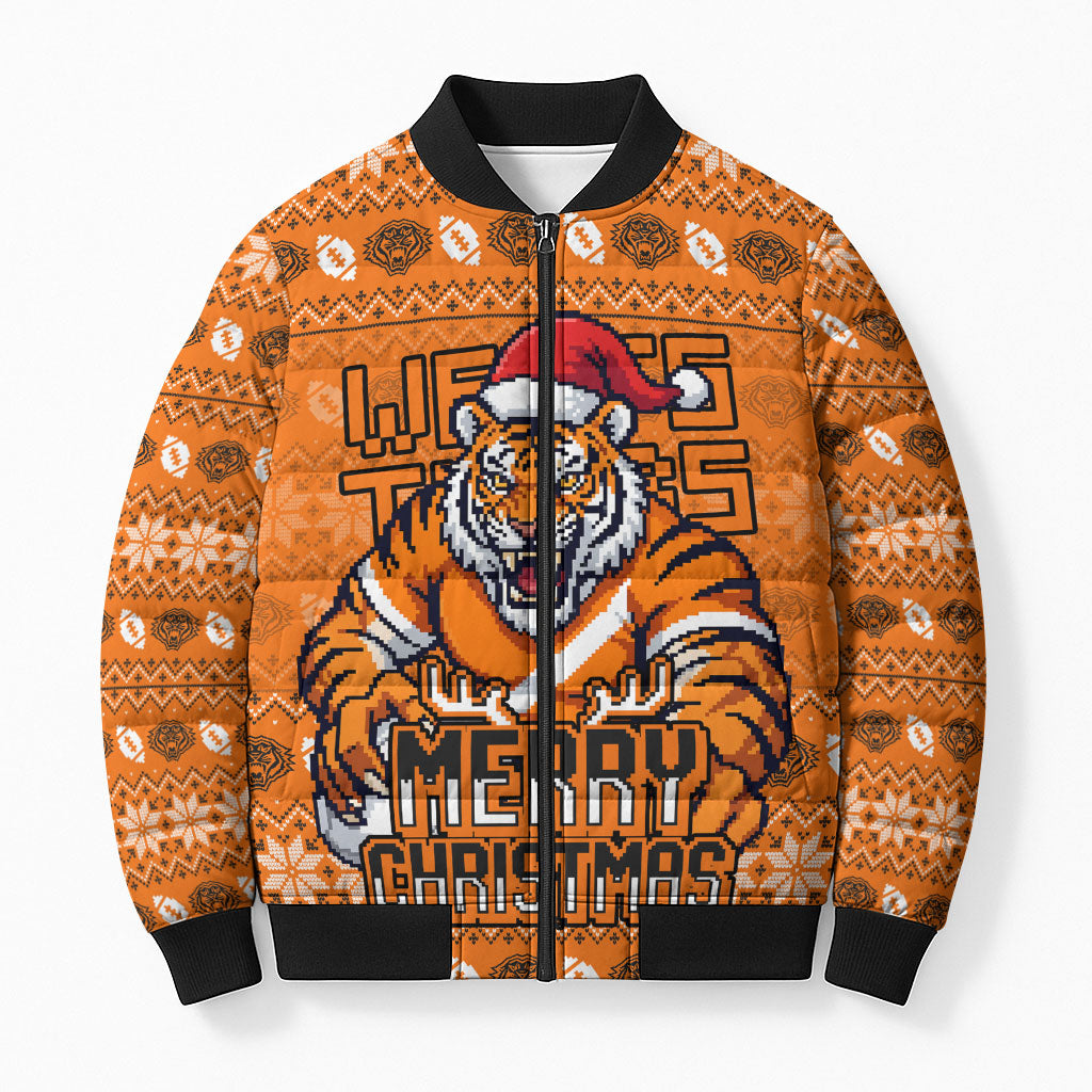 Personalized Wests Tigers Christmas Bomber Puffer Jacket Australian Rugby Fans - Pixelated Ugly Xmas Pattern Mascot Santa