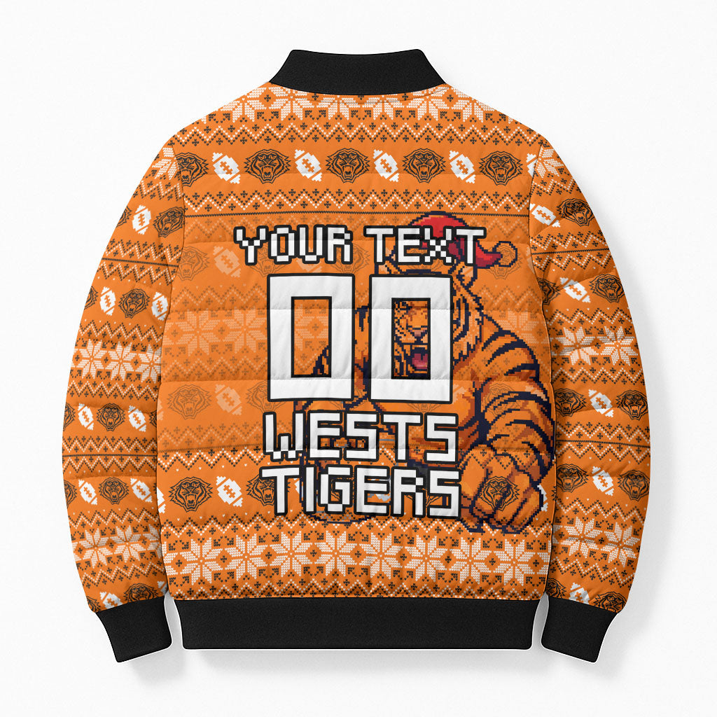 Personalized Wests Tigers Christmas Bomber Puffer Jacket Australian Rugby Fans - Pixelated Ugly Xmas Pattern Mascot Santa