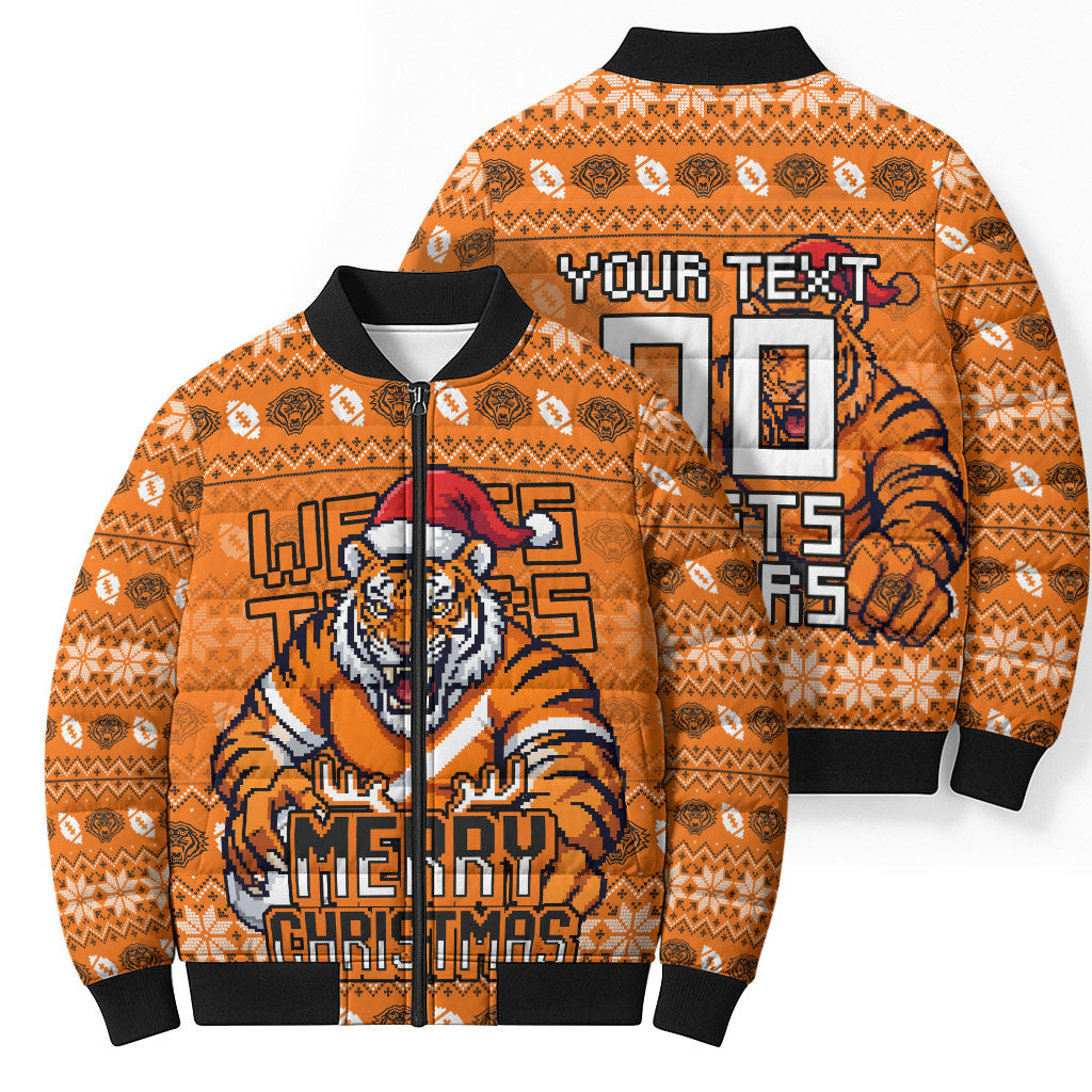 Personalized Wests Tigers Christmas Bomber Puffer Jacket Australian Rugby Fans - Pixelated Ugly Xmas Pattern Mascot Santa
