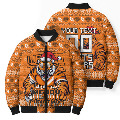 Personalized Wests Tigers Christmas Bomber Puffer Jacket Australian Rugby Fans - Pixelated Ugly Xmas Pattern Mascot Santa