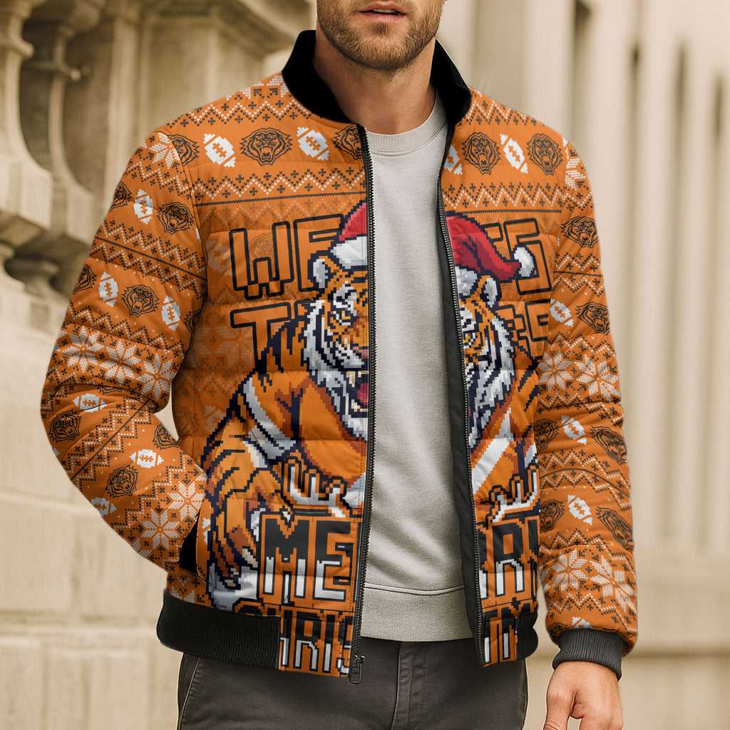 Personalized Wests Tigers Christmas Bomber Puffer Jacket Australian Rugby Fans - Pixelated Ugly Xmas Pattern Mascot Santa