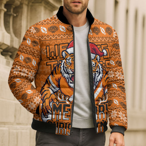 Personalized Wests Tigers Christmas Bomber Puffer Jacket Australian Rugby Fans - Pixelated Ugly Xmas Pattern Mascot Santa