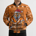 Personalized Wests Tigers Christmas Bomber Puffer Jacket Australian Rugby Fans - Pixelated Ugly Xmas Pattern Mascot Santa