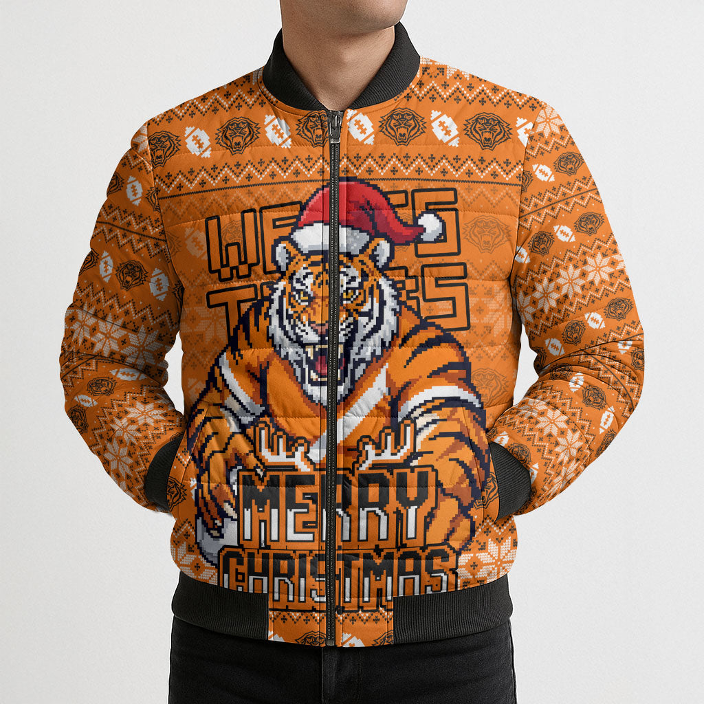 Personalized Wests Tigers Christmas Bomber Puffer Jacket Australian Rugby Fans - Pixelated Ugly Xmas Pattern Mascot Santa