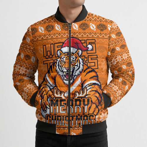 Personalized Wests Tigers Christmas Bomber Puffer Jacket Australian Rugby Fans - Pixelated Ugly Xmas Pattern Mascot Santa