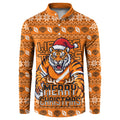 Personalized Wests Tigers Christmas Button Sweatshirt Australian Rugby Fans - Pixelated Ugly Xmas Pattern Mascot Santa
