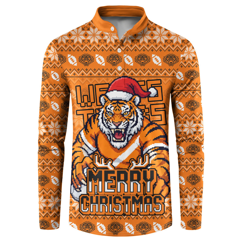 Personalized Wests Tigers Christmas Button Sweatshirt Australian Rugby Fans - Pixelated Ugly Xmas Pattern Mascot Santa