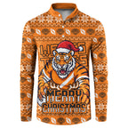 Personalized Wests Tigers Christmas Button Sweatshirt Australian Rugby Fans - Pixelated Ugly Xmas Pattern Mascot Santa