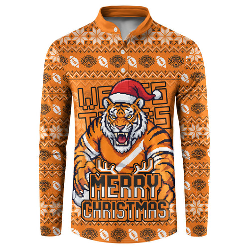 Personalized Wests Tigers Christmas Button Sweatshirt Australian Rugby Fans - Pixelated Ugly Xmas Pattern Mascot Santa
