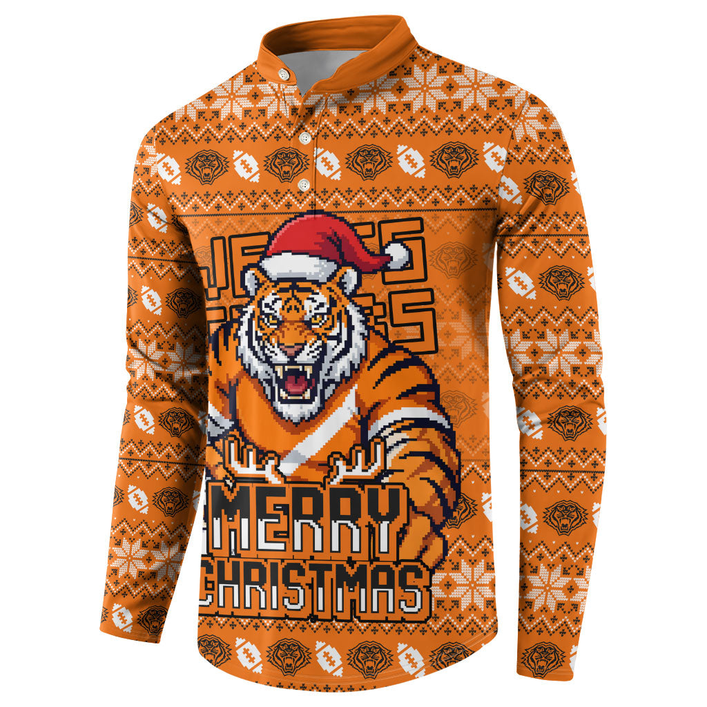 Personalized Wests Tigers Christmas Button Sweatshirt Australian Rugby Fans - Pixelated Ugly Xmas Pattern Mascot Santa