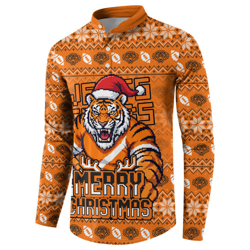 Personalized Wests Tigers Christmas Button Sweatshirt Australian Rugby Fans - Pixelated Ugly Xmas Pattern Mascot Santa