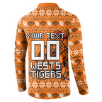 Personalized Wests Tigers Christmas Button Sweatshirt Australian Rugby Fans - Pixelated Ugly Xmas Pattern Mascot Santa