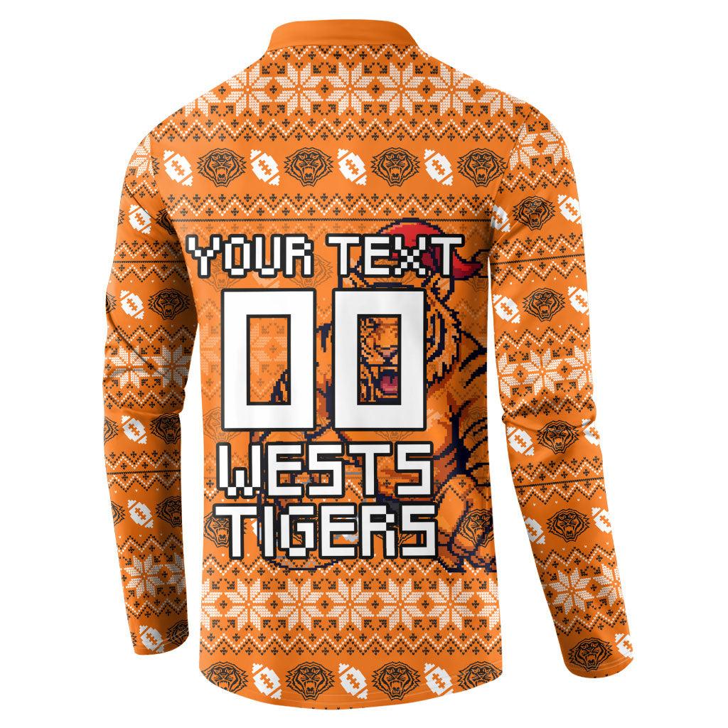 Personalized Wests Tigers Christmas Button Sweatshirt Australian Rugby Fans - Pixelated Ugly Xmas Pattern Mascot Santa