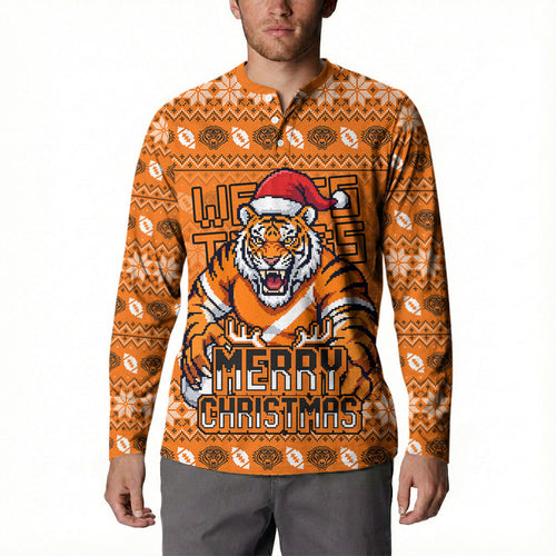 Personalized Wests Tigers Christmas Button Sweatshirt Australian Rugby Fans - Pixelated Ugly Xmas Pattern Mascot Santa