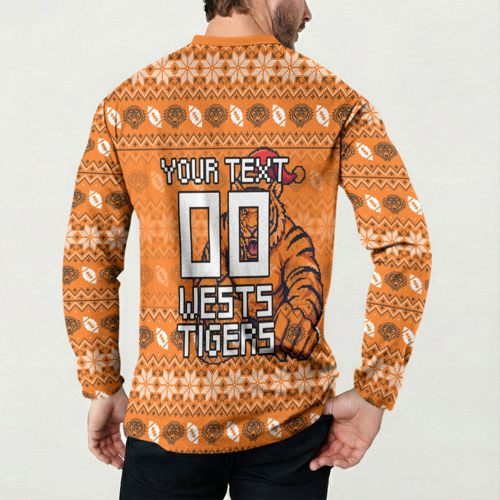 Personalized Wests Tigers Christmas Button Sweatshirt Australian Rugby Fans - Pixelated Ugly Xmas Pattern Mascot Santa