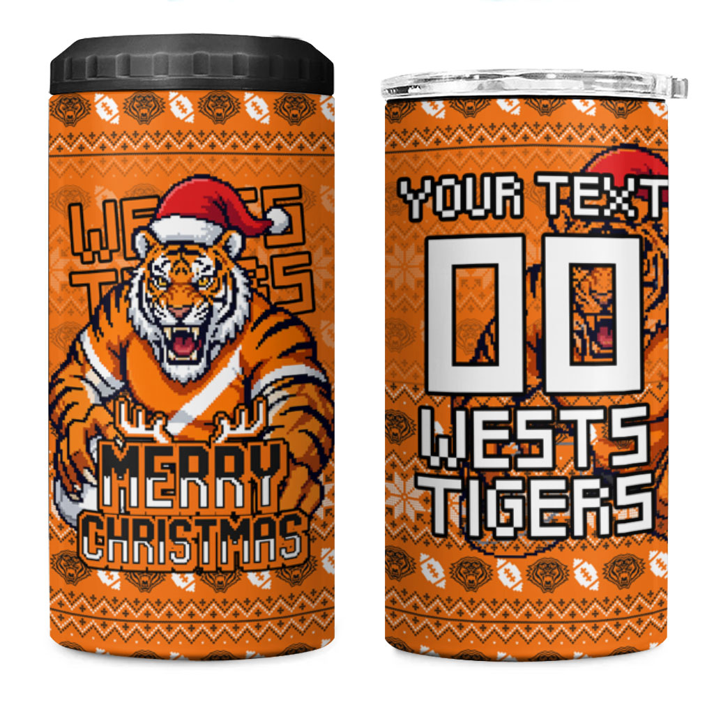 Personalized Wests Tigers Christmas 4 in 1 Can Cooler Tumbler Australian Rugby Fans - Pixelated Ugly Xmas Pattern Mascot Santa