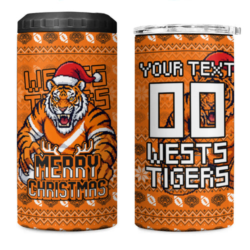 Personalized Wests Tigers Christmas 4 in 1 Can Cooler Tumbler Australian Rugby Fans - Pixelated Ugly Xmas Pattern Mascot Santa
