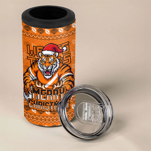 Personalized Wests Tigers Christmas 4 in 1 Can Cooler Tumbler Australian Rugby Fans - Pixelated Ugly Xmas Pattern Mascot Santa