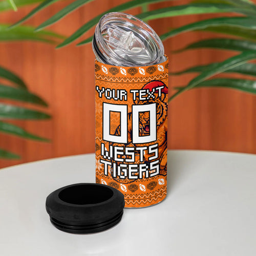 Personalized Wests Tigers Christmas 4 in 1 Can Cooler Tumbler Australian Rugby Fans - Pixelated Ugly Xmas Pattern Mascot Santa