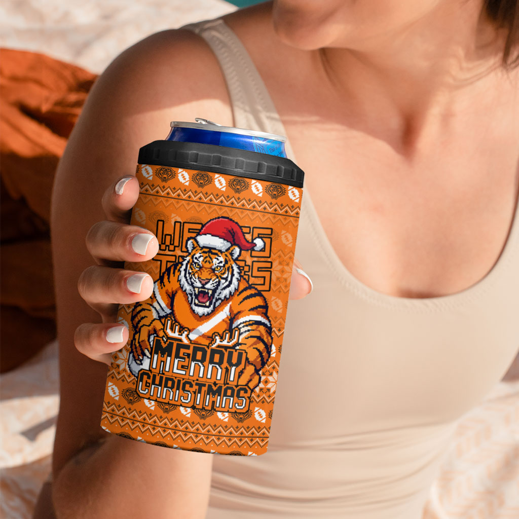 Personalized Wests Tigers Christmas 4 in 1 Can Cooler Tumbler Australian Rugby Fans - Pixelated Ugly Xmas Pattern Mascot Santa
