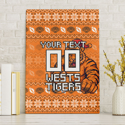 Personalized Wests Tigers Christmas Canvas Wall Art Australian Rugby Fans - Pixelated Ugly Xmas Pattern Mascot Santa