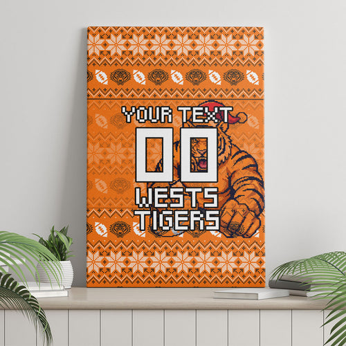 Personalized Wests Tigers Christmas Canvas Wall Art Australian Rugby Fans - Pixelated Ugly Xmas Pattern Mascot Santa