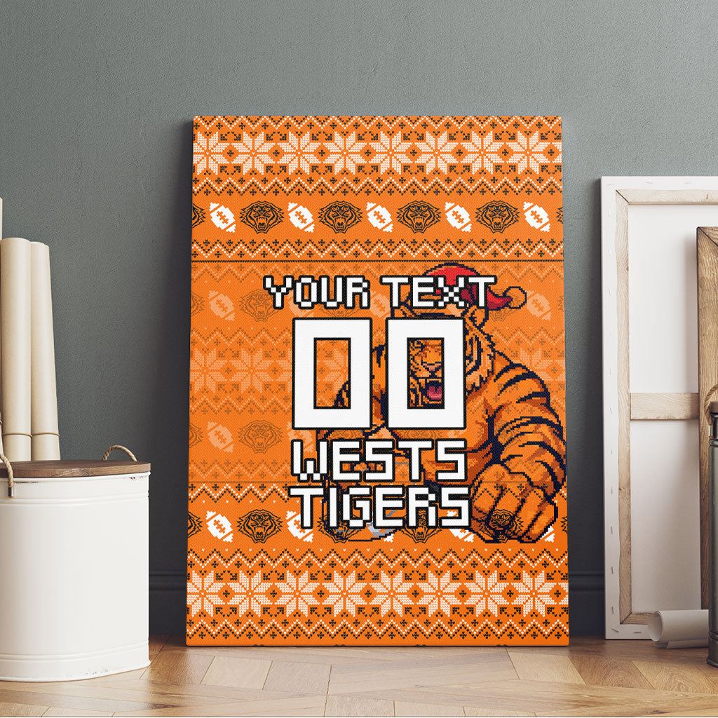 Personalized Wests Tigers Christmas Canvas Wall Art Australian Rugby Fans - Pixelated Ugly Xmas Pattern Mascot Santa