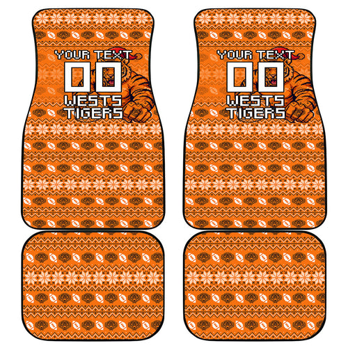 Personalized Wests Tigers Christmas Car Mats Australian Rugby Fans - Pixelated Ugly Xmas Pattern Mascot Santa