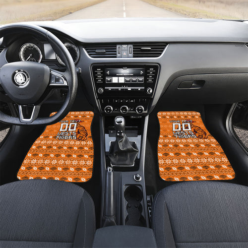 Personalized Wests Tigers Christmas Car Mats Australian Rugby Fans - Pixelated Ugly Xmas Pattern Mascot Santa