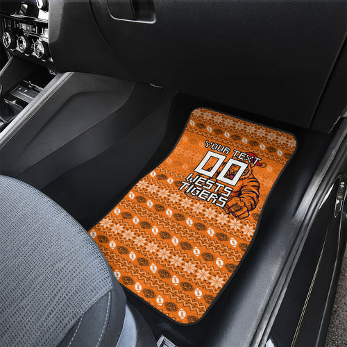 Personalized Wests Tigers Christmas Car Mats Australian Rugby Fans - Pixelated Ugly Xmas Pattern Mascot Santa