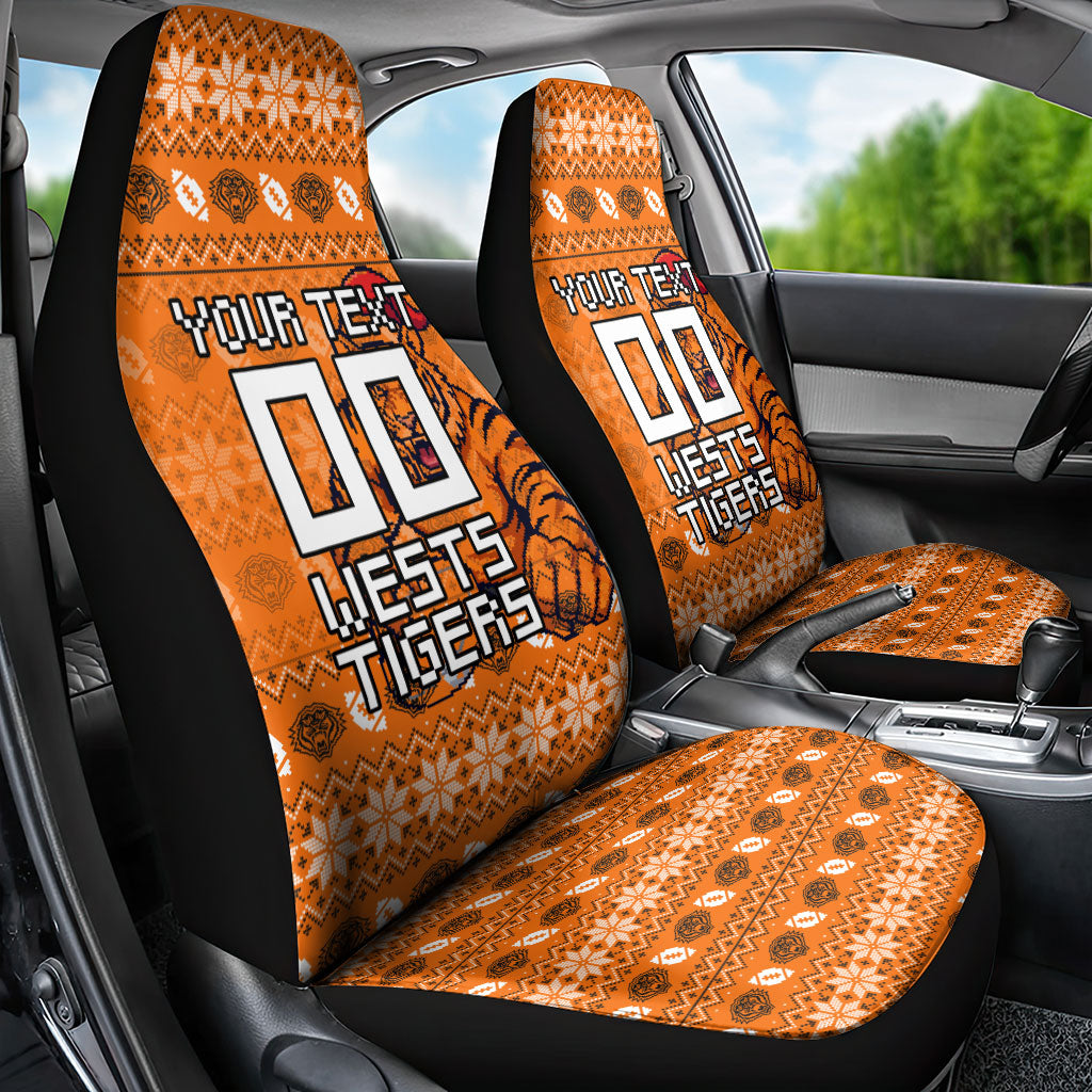 Personalized Wests Tigers Christmas Car Seat Cover Australian Rugby Fans - Pixelated Ugly Xmas Pattern Mascot Santa