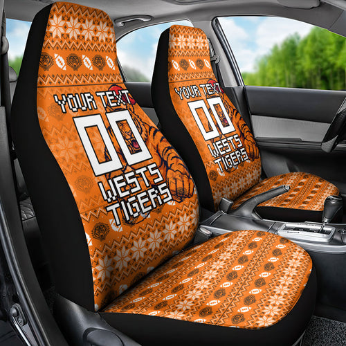 Personalized Wests Tigers Christmas Car Seat Cover Australian Rugby Fans - Pixelated Ugly Xmas Pattern Mascot Santa