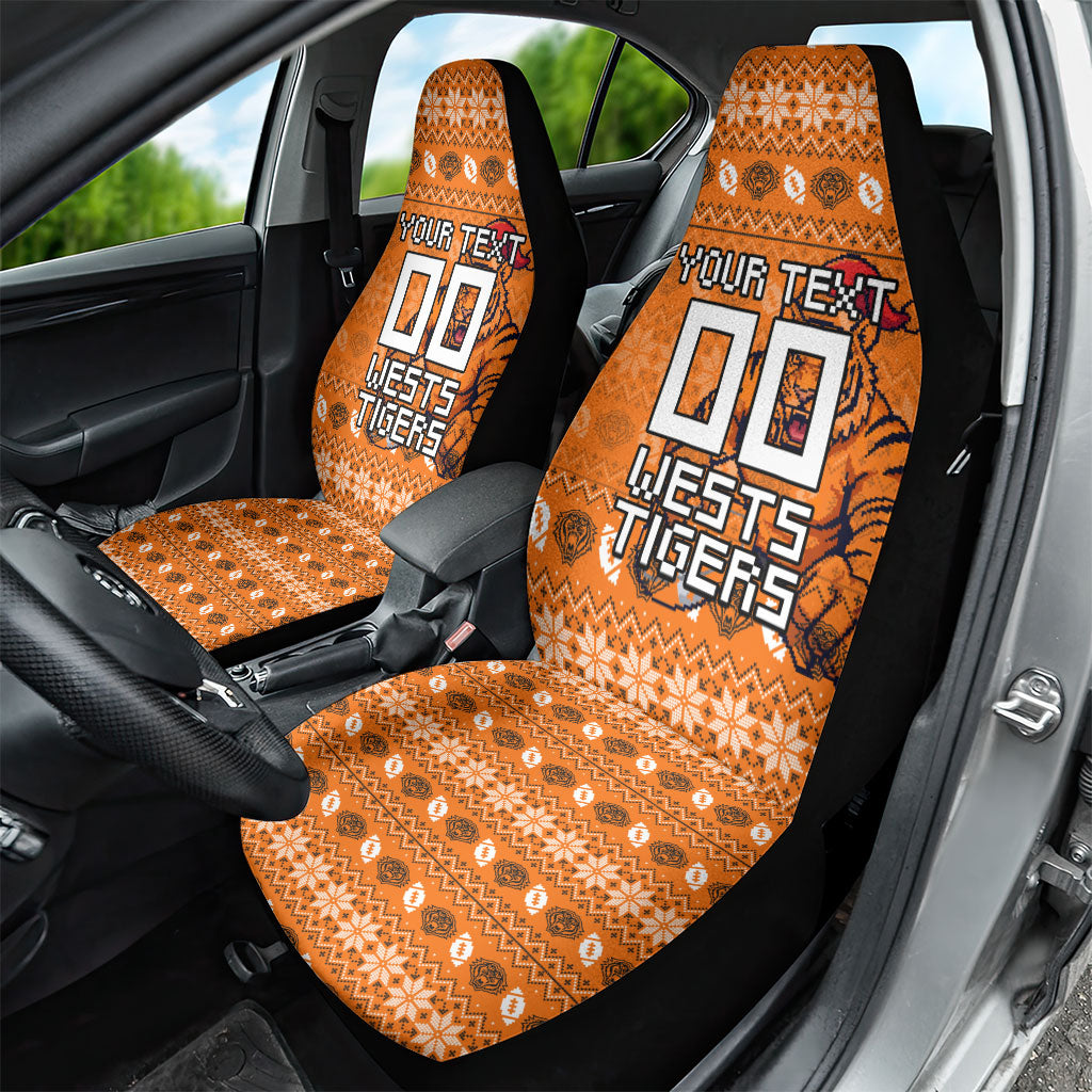 Personalized Wests Tigers Christmas Car Seat Cover Australian Rugby Fans - Pixelated Ugly Xmas Pattern Mascot Santa