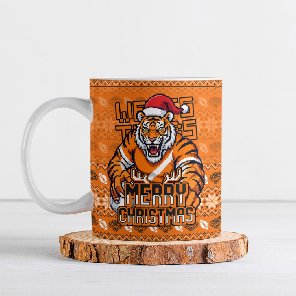 Personalized Wests Tigers Christmas Ceramic Mug Australian Rugby Fans - Pixelated Ugly Xmas Pattern Mascot Santa