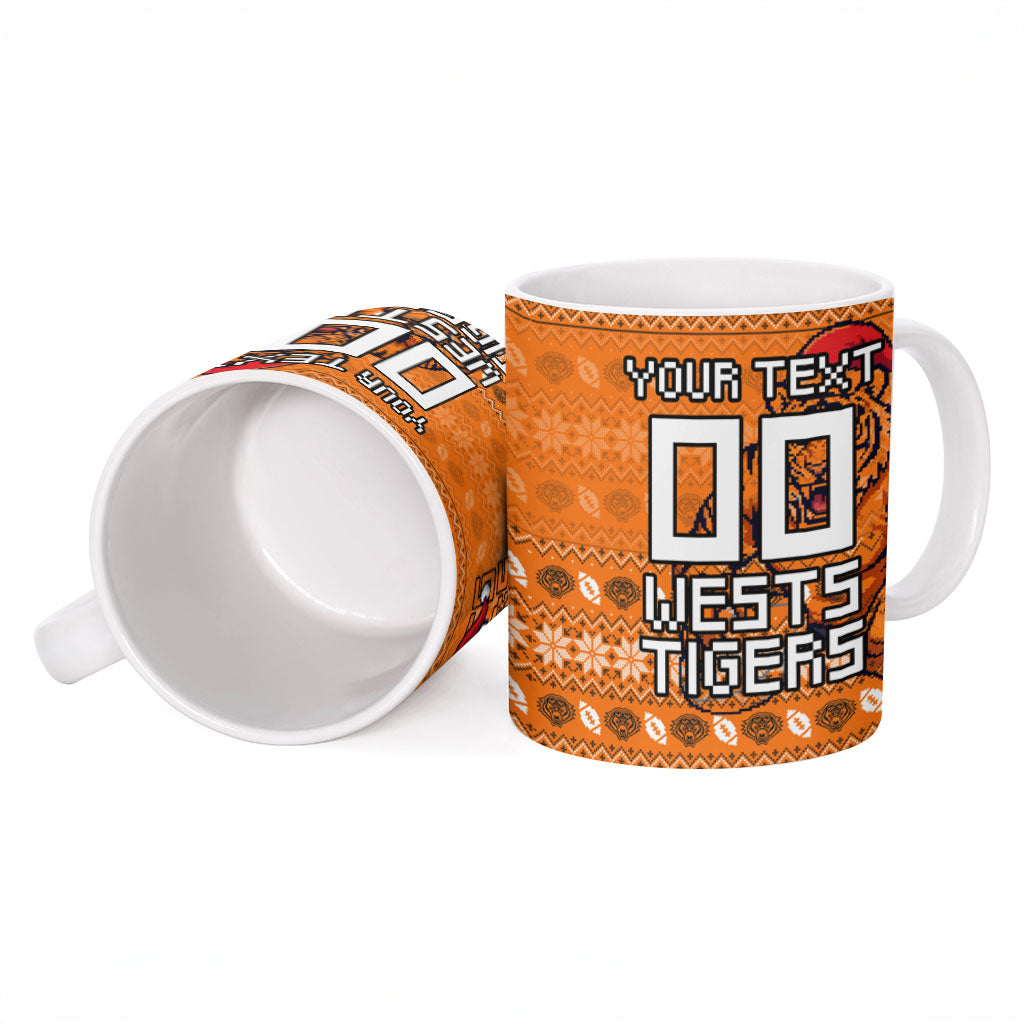 Personalized Wests Tigers Christmas Ceramic Mug Australian Rugby Fans - Pixelated Ugly Xmas Pattern Mascot Santa