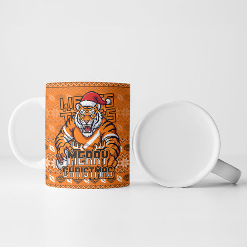 Personalized Wests Tigers Christmas Ceramic Mug Australian Rugby Fans - Pixelated Ugly Xmas Pattern Mascot Santa