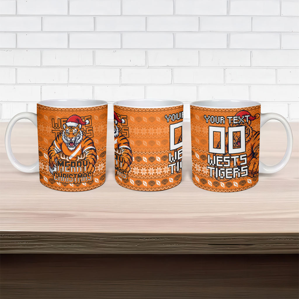 Personalized Wests Tigers Christmas Ceramic Mug Australian Rugby Fans - Pixelated Ugly Xmas Pattern Mascot Santa