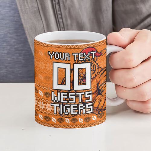 Personalized Wests Tigers Christmas Ceramic Mug Australian Rugby Fans - Pixelated Ugly Xmas Pattern Mascot Santa