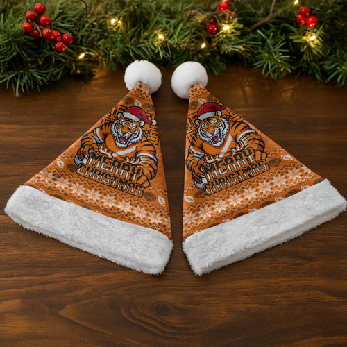 Wests Tigers Christmas Santa Hat Australian Rugby Fans - Pixelated Ugly Xmas Pattern Mascot Santa