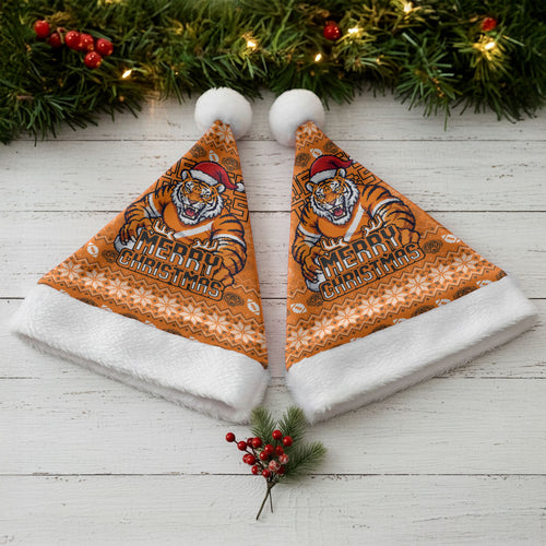 Wests Tigers Christmas Santa Hat Australian Rugby Fans - Pixelated Ugly Xmas Pattern Mascot Santa