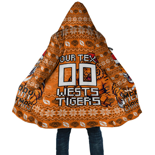 Personalized Wests Tigers Christmas Cloak Australian Rugby Fans - Pixelated Ugly Xmas Pattern Mascot Santa
