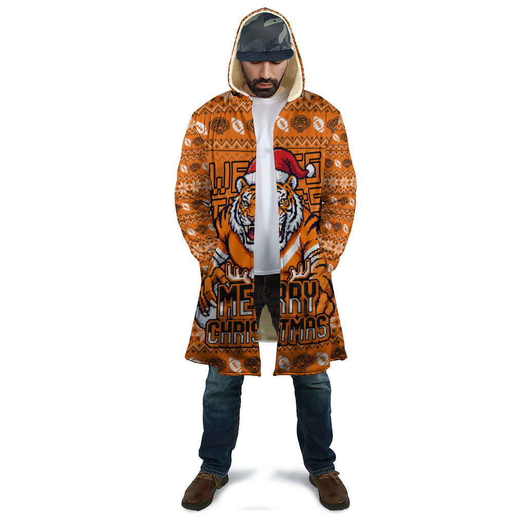 Personalized Wests Tigers Christmas Cloak Australian Rugby Fans - Pixelated Ugly Xmas Pattern Mascot Santa