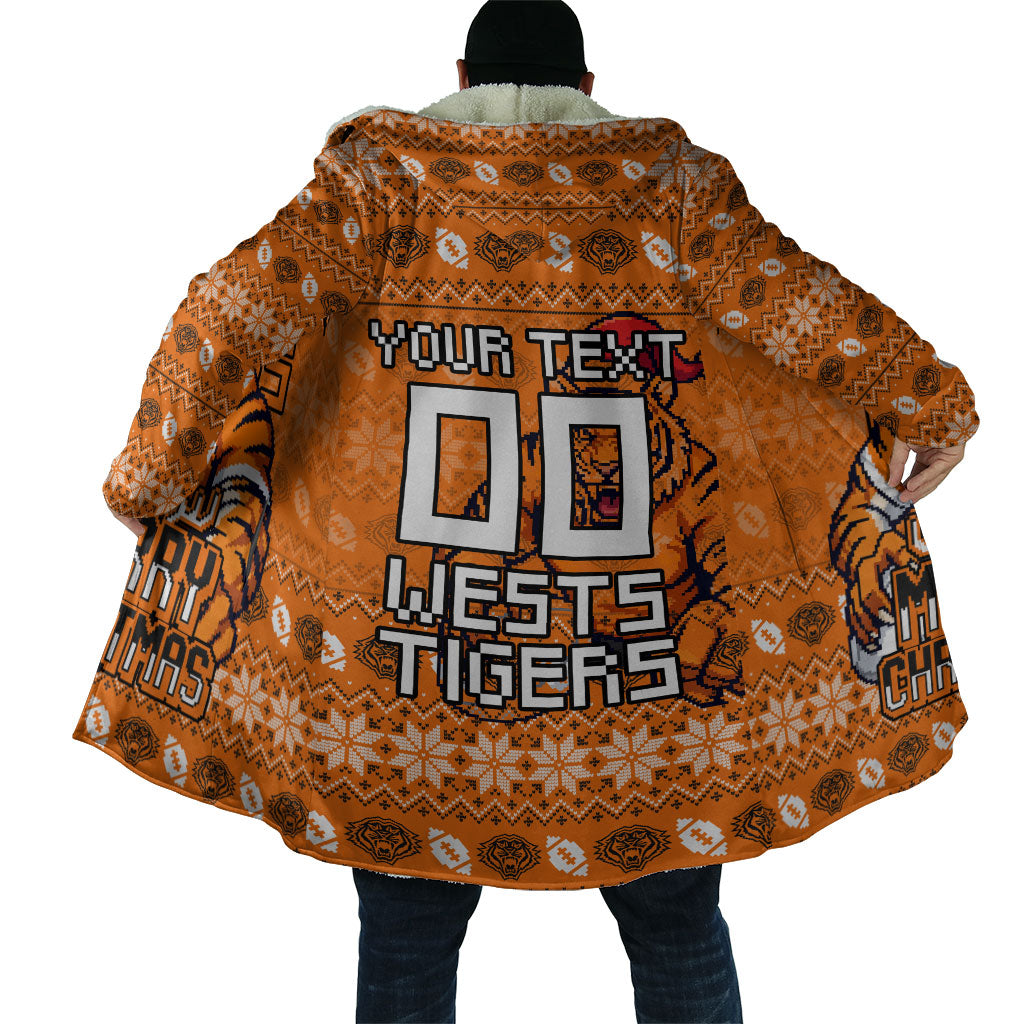 Personalized Wests Tigers Christmas Cloak Australian Rugby Fans - Pixelated Ugly Xmas Pattern Mascot Santa