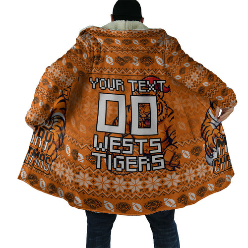 Personalized Wests Tigers Christmas Cloak Australian Rugby Fans - Pixelated Ugly Xmas Pattern Mascot Santa