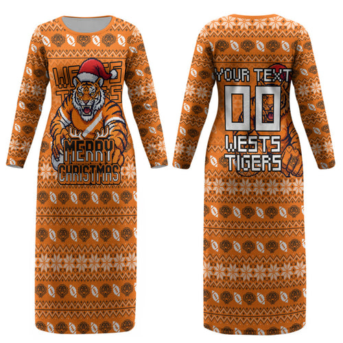 Personalized Wests Tigers Christmas Couples Matching Long Sleeve Bodycon Dress and Long Sleeve Button Shirt Australian Rugby Fans - Pixelated Ugly Xmas Pattern Mascot Santa