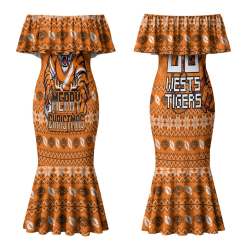 Personalized Wests Tigers Christmas Couples Matching Mermaid Dress and Long Sleeve Button Shirt Australian Rugby Fans - Pixelated Ugly Xmas Pattern Mascot Santa