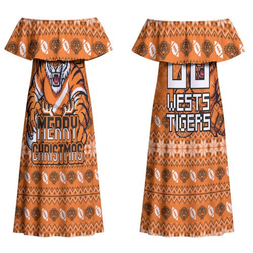 Personalized Wests Tigers Christmas Couples Matching Off Shoulder Maxi Dress and Hawaiian Shirt Australian Rugby Fans - Pixelated Ugly Xmas Pattern Mascot Santa
